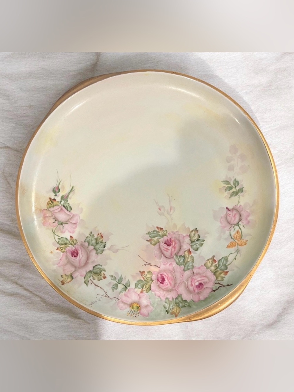 antique C.T. Hutschenreuther porcelain cake plate with hand-painted pink roses